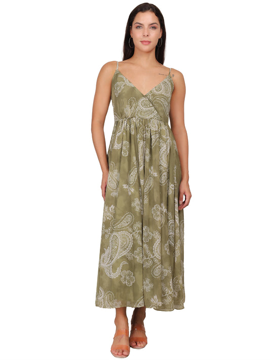 Olive Paisley V Neck Midi