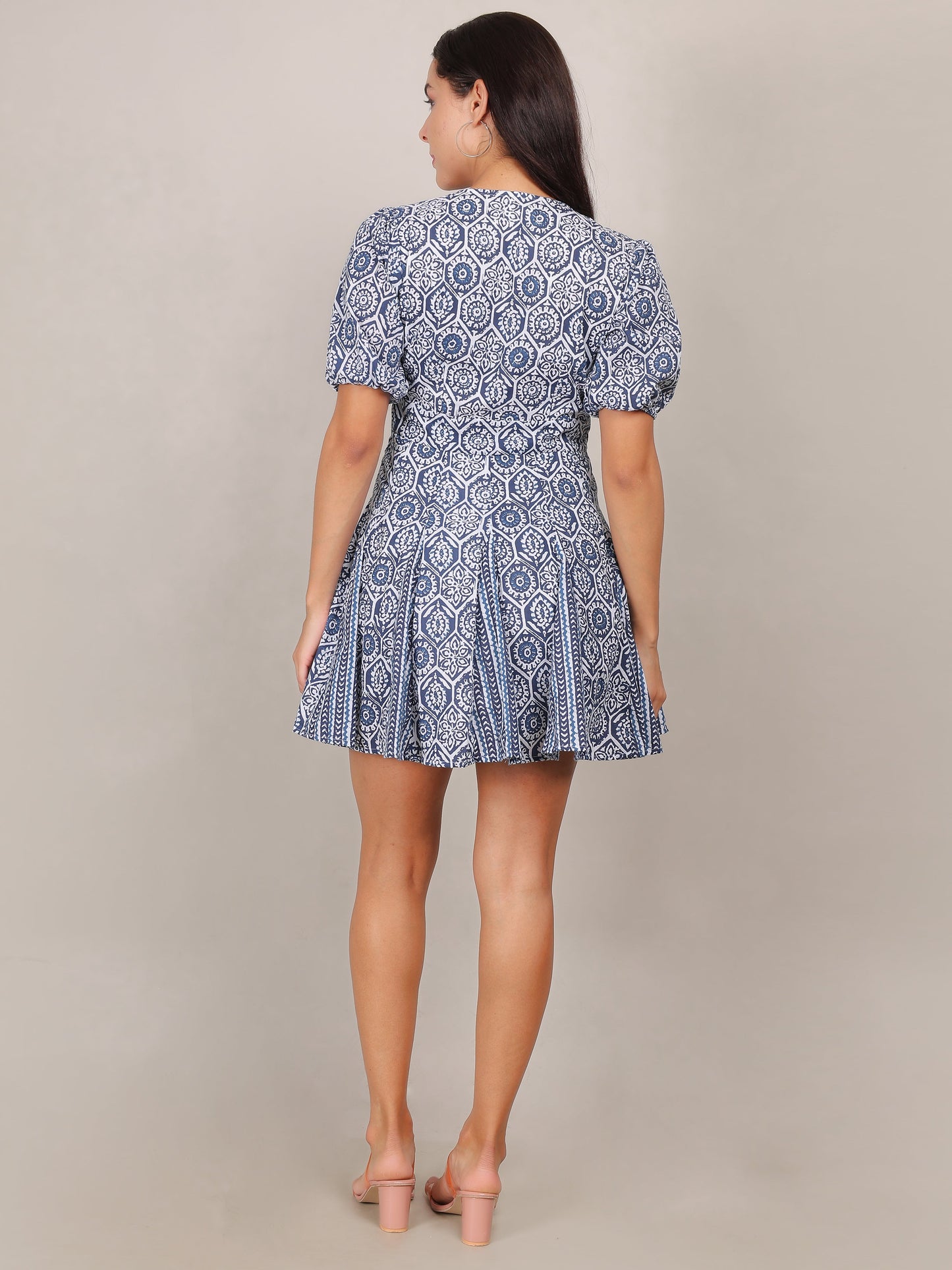 Indigo Print Puff Sleeve Mini Dress