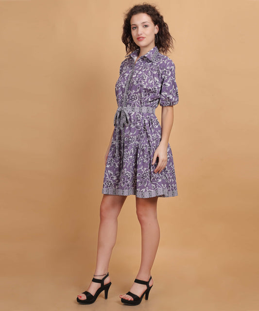 Lavender Floral Shirt Dress with Waist Tie