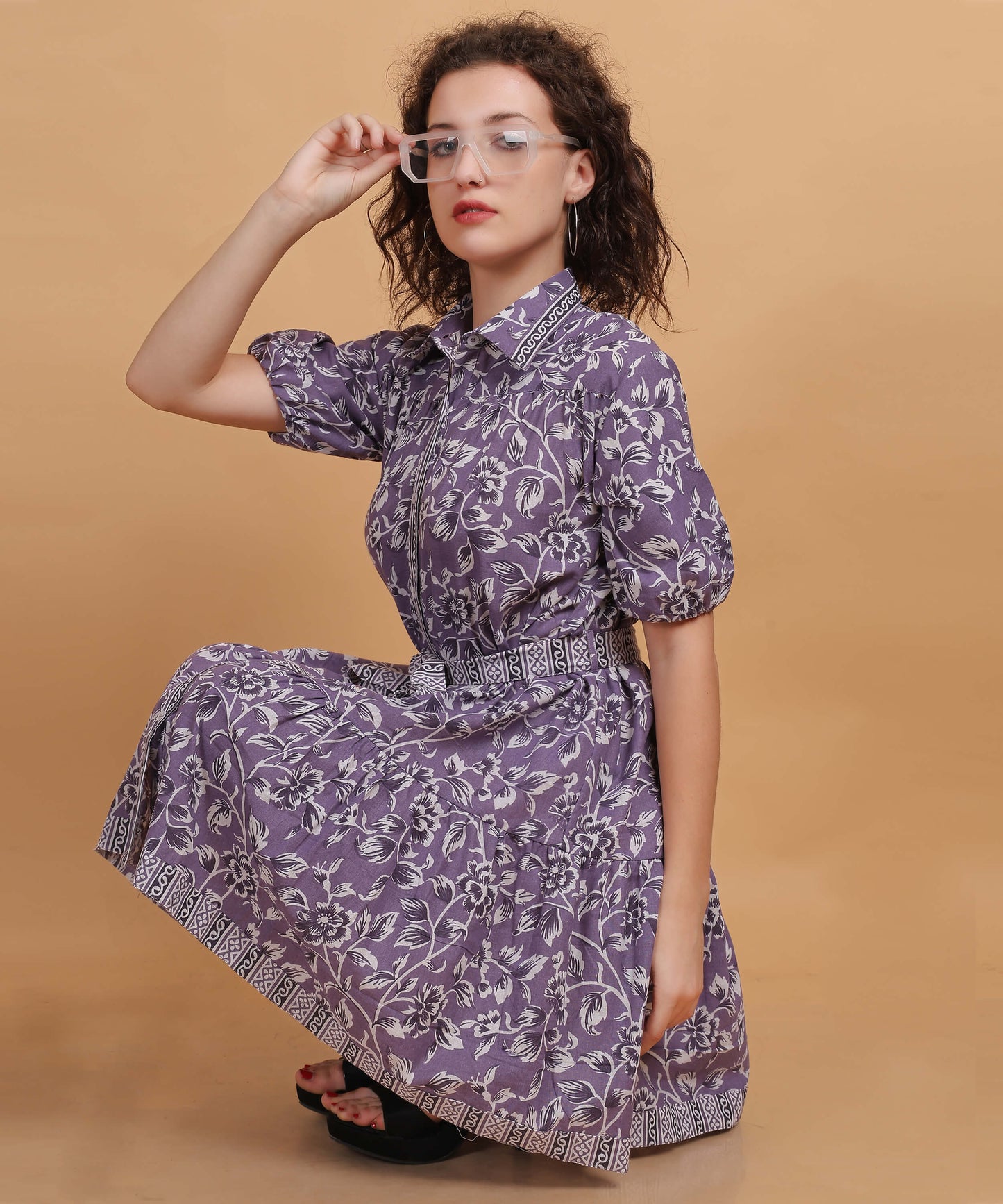 Lavender Floral Shirt Dress with Waist Tie