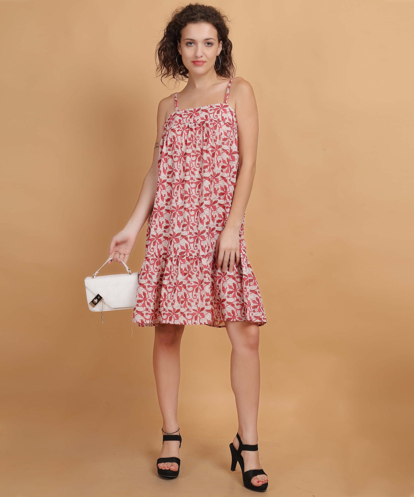 Spaghetti Strap Floral Print Tiered Dress