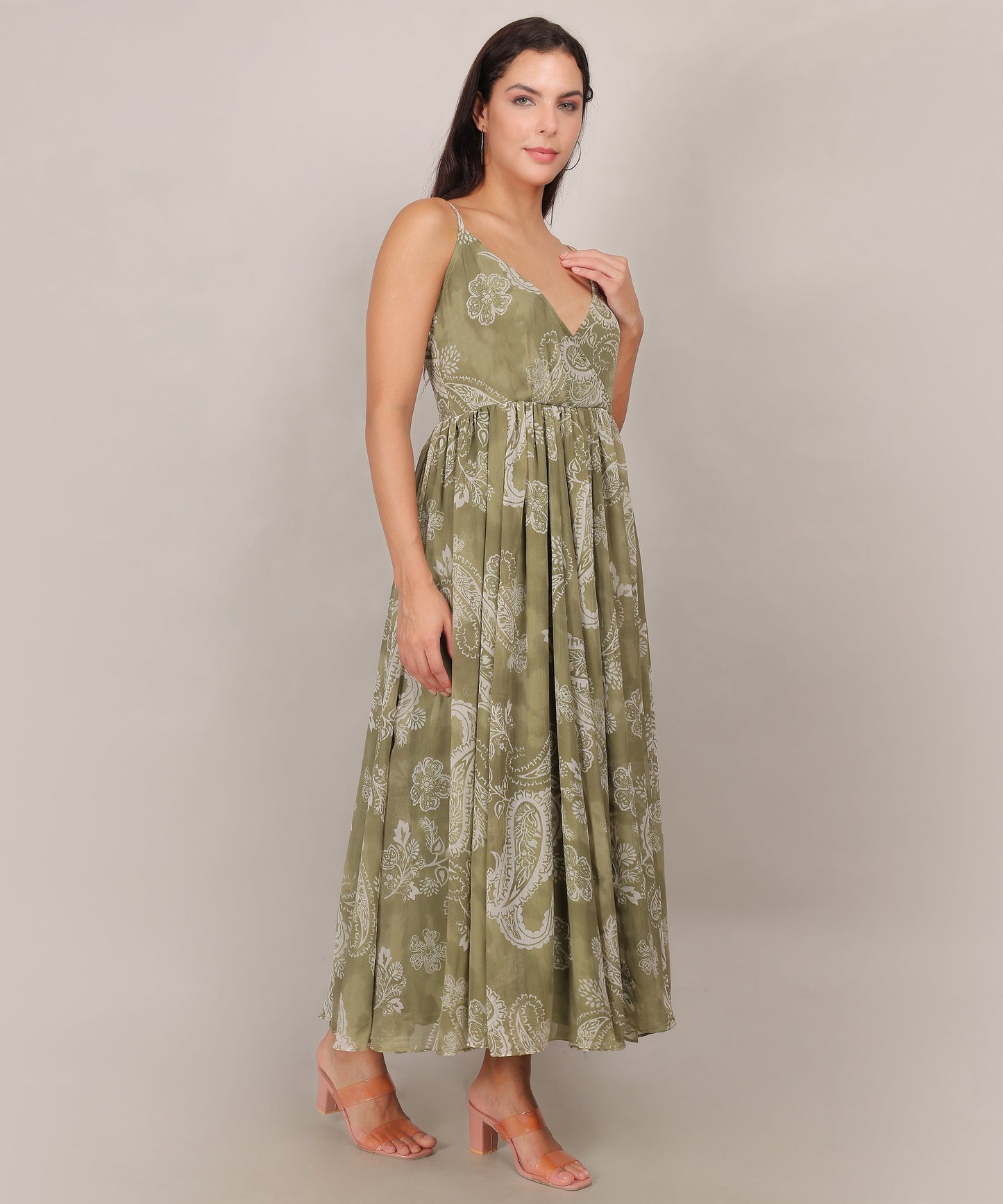 Olive Paisley V Neck Midi