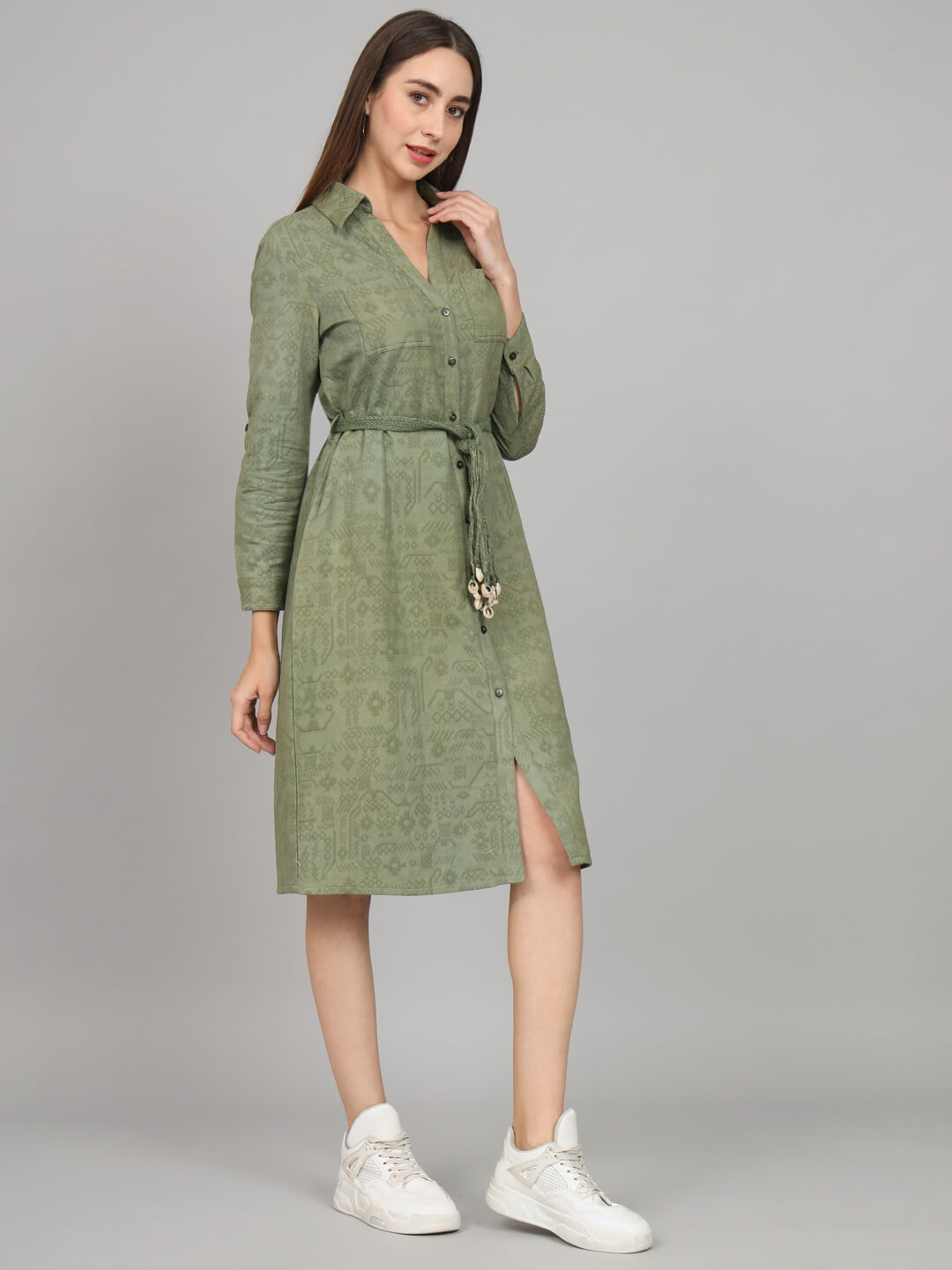 Green Shirt Belted Dress