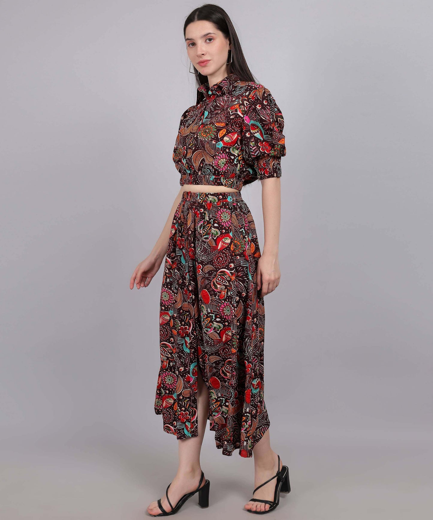 MAROON PRINTED SKIRT& TOP