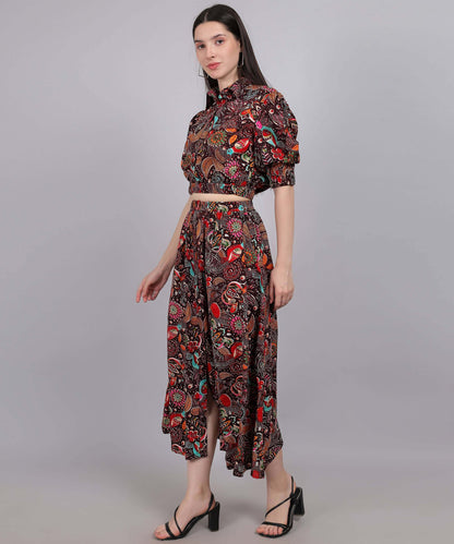 MAROON PRINTED SKIRT& TOP