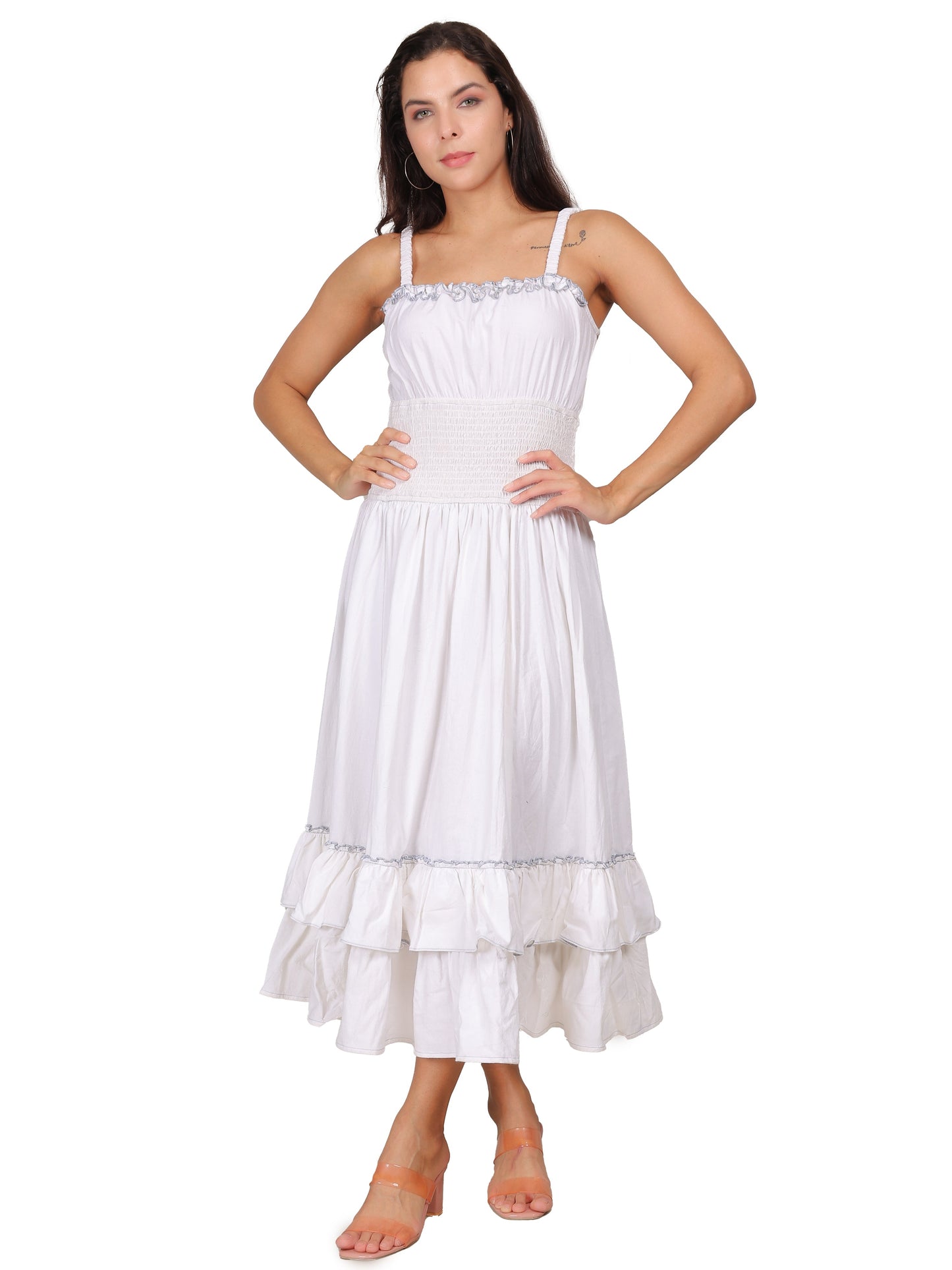 Elegant White Ruffle Midi