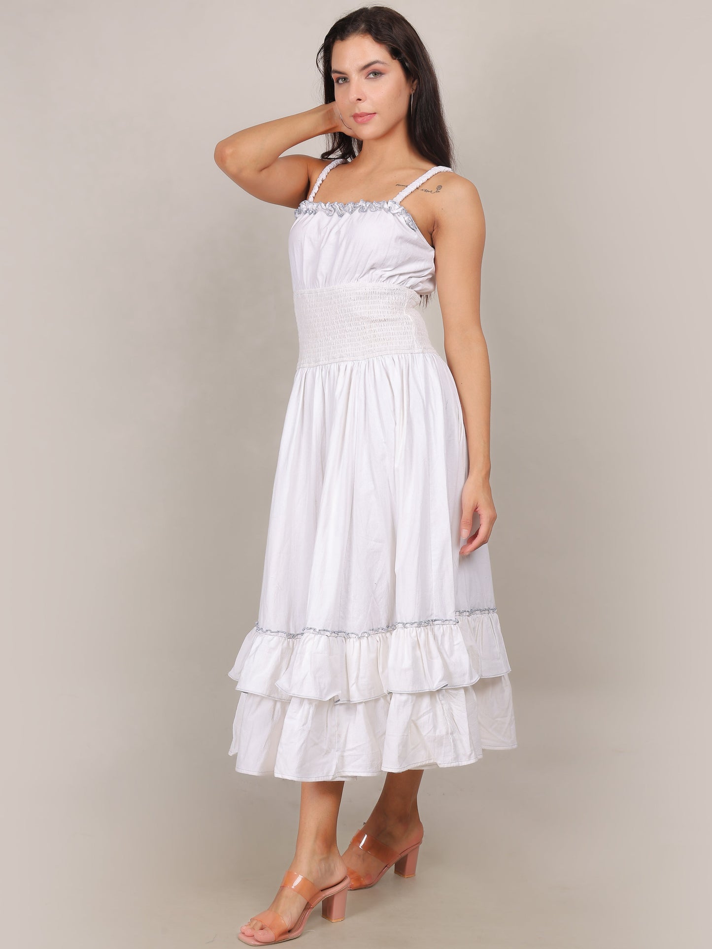 Elegant White Ruffle Midi