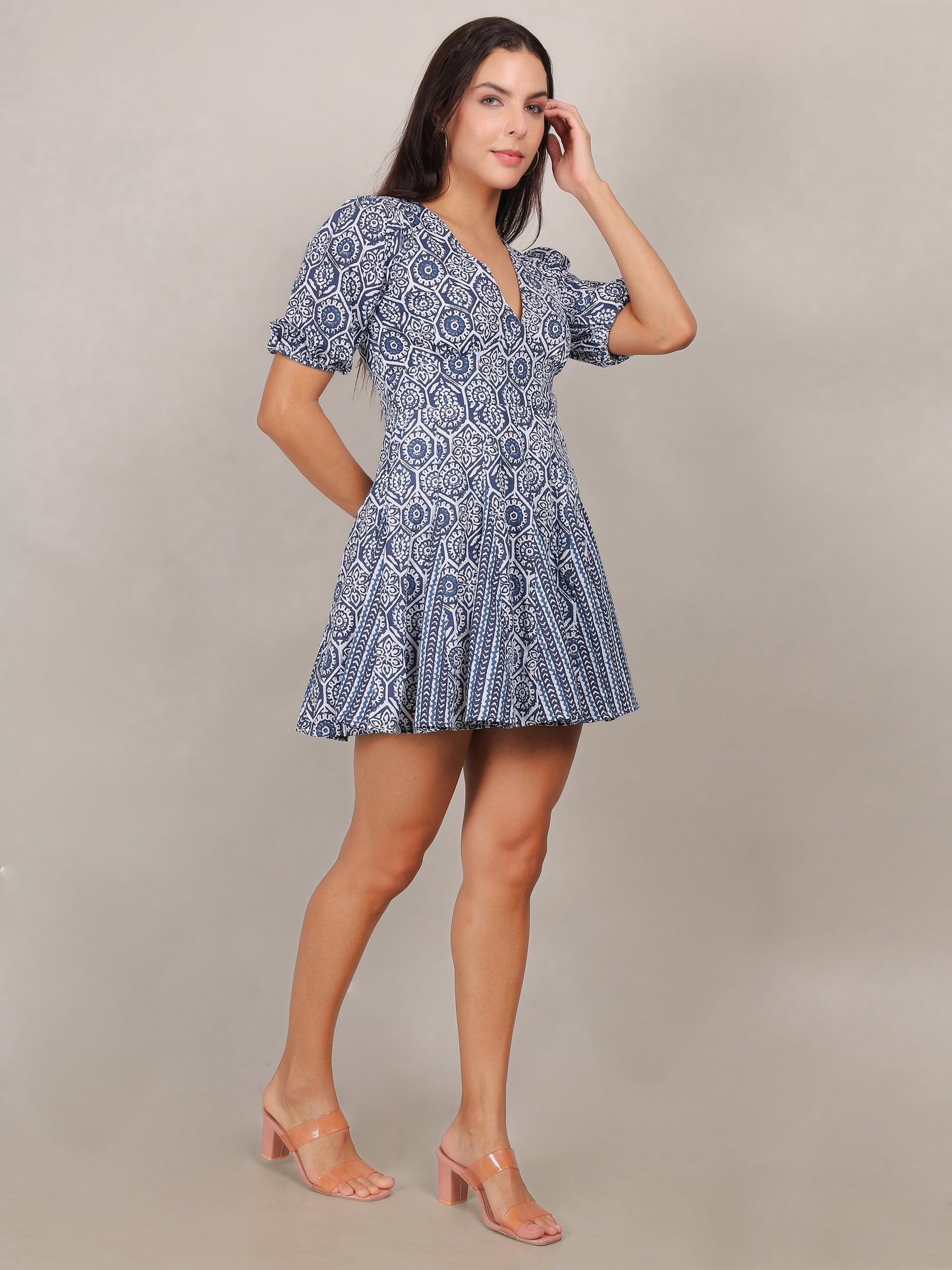 Indigo Print Puff Sleeve Mini Dress