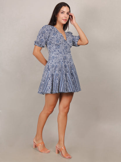 Indigo Print Puff Sleeve Mini Dress