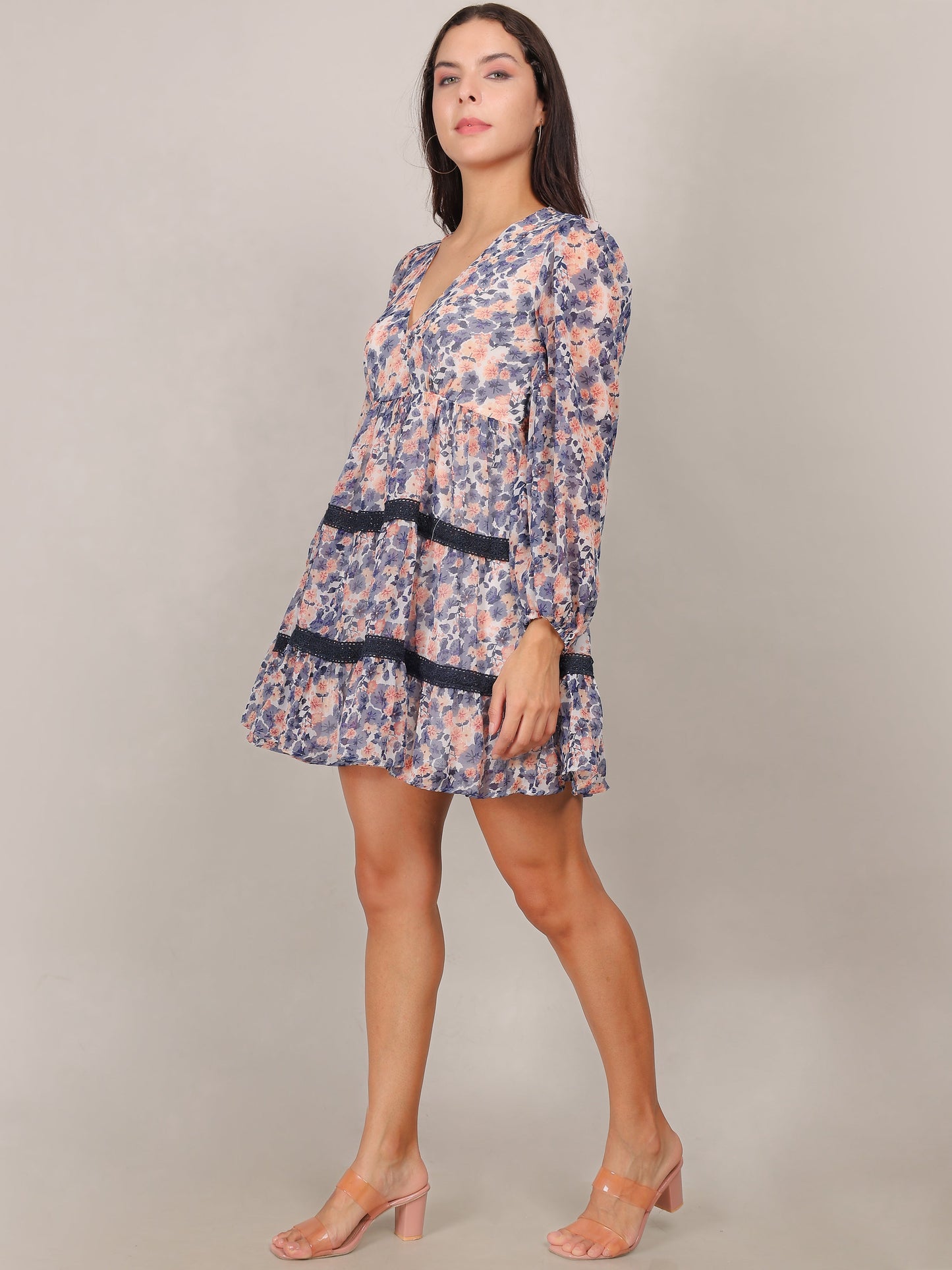 Floral Boho Dress with Sheer Sleeves