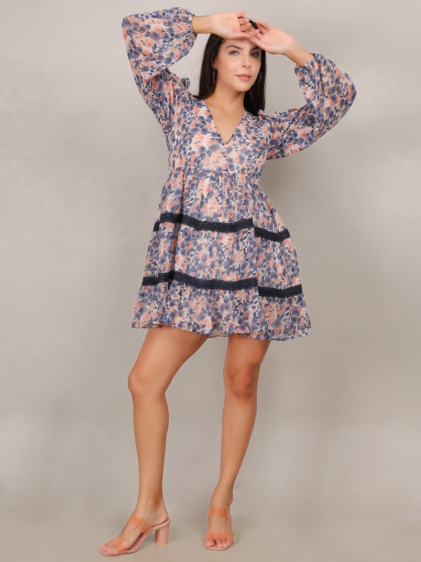 Floral Boho Dress with Sheer Sleeves