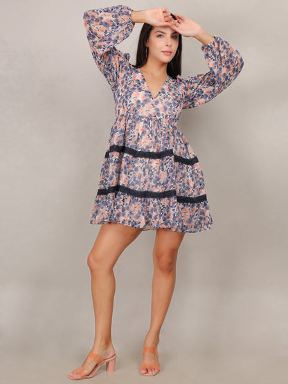 Floral Boho Dress with Sheer Sleeves