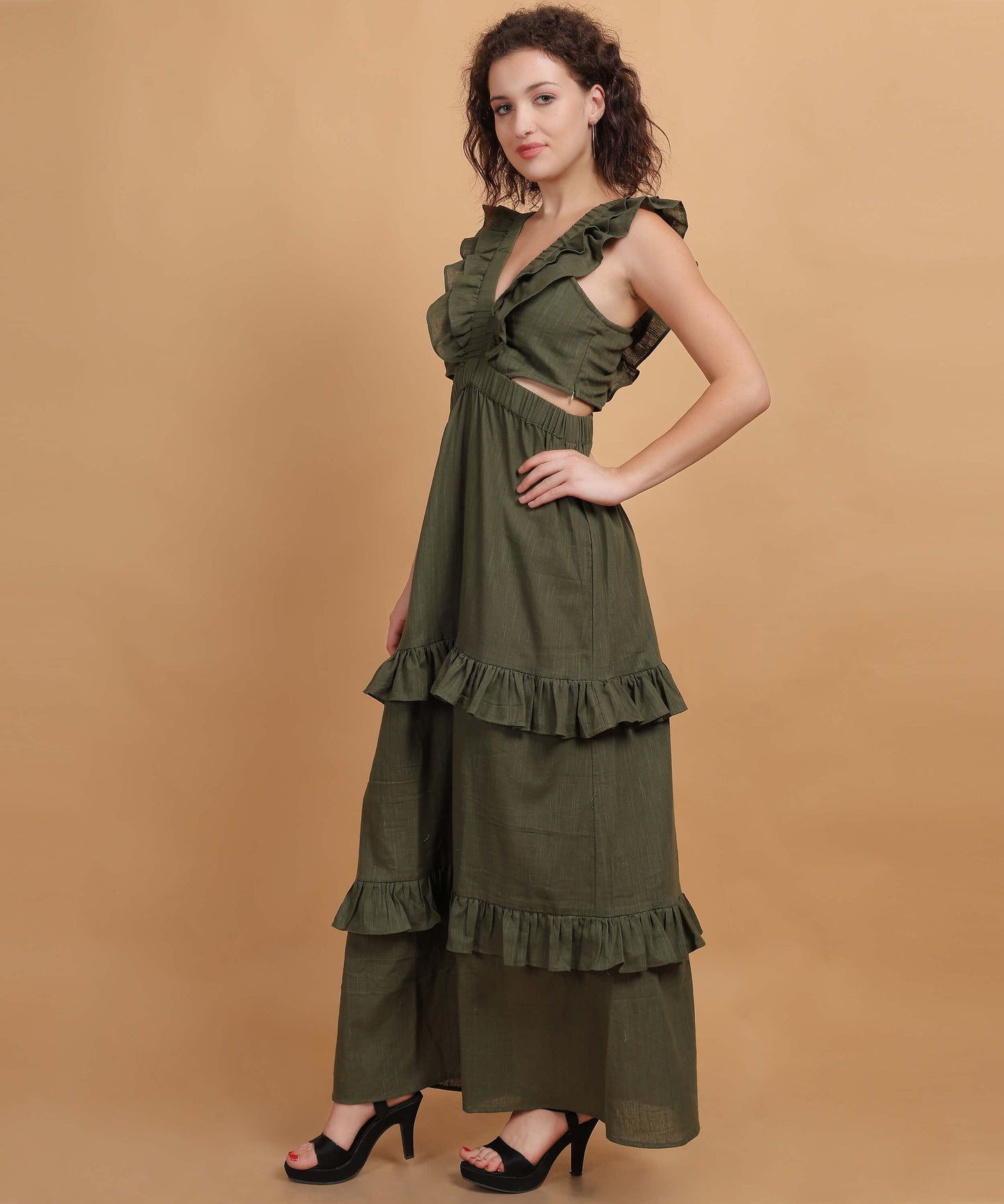 GREEN Halter Neck Flared LONG Dress