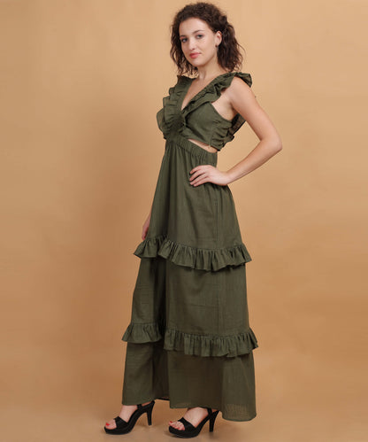 GREEN Halter Neck Flared LONG Dress