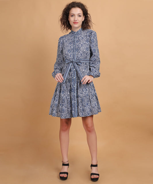 Indigo Print shirt above the knee dress With Belt