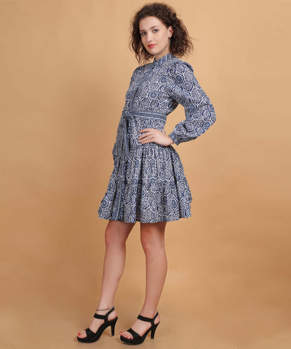 Indigo Print shirt above the knee dress With Belt