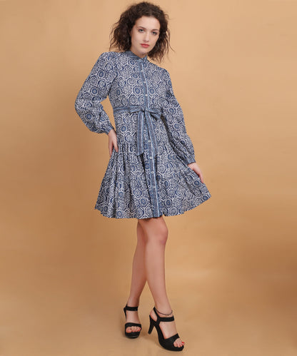 Indigo Print shirt above the knee dress With Belt