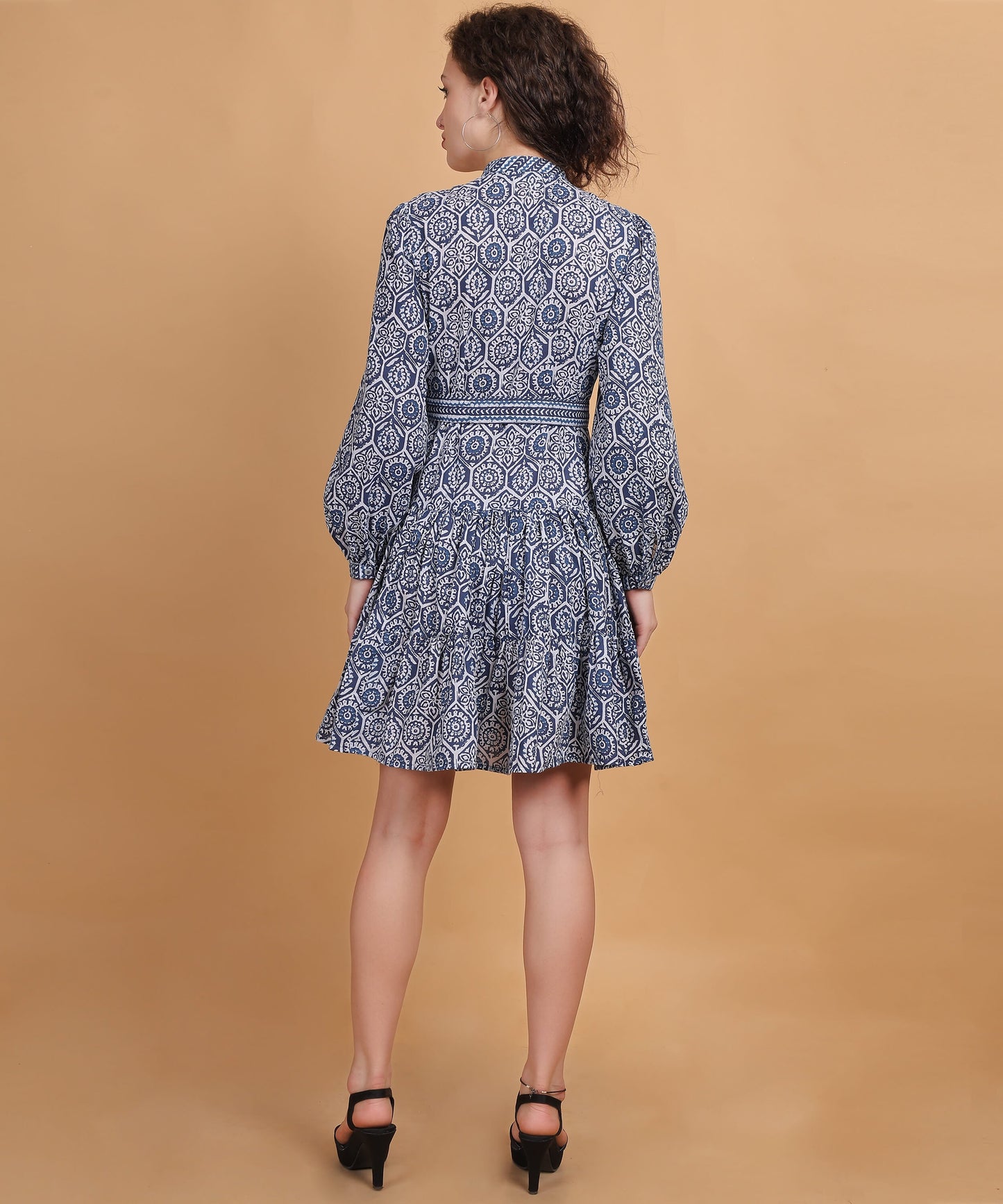 Indigo Print shirt above the knee dress With Belt
