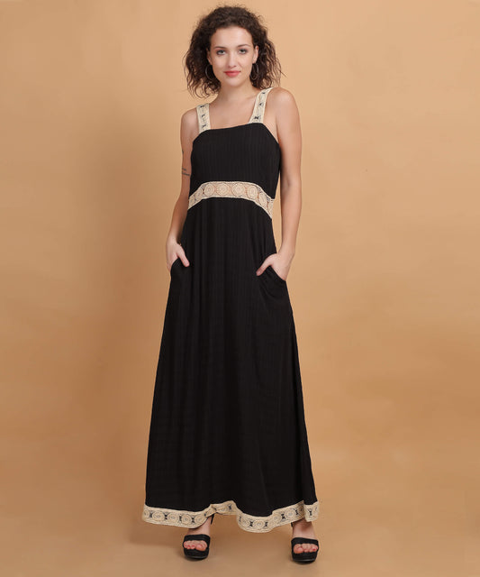 Black Maxi Dress with Crochet Lace Trim and Sleeveless Square Neckline