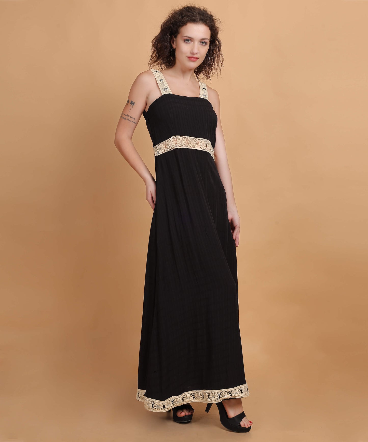 Black Maxi Dress with Crochet Lace Trim and Sleeveless Square Neckline