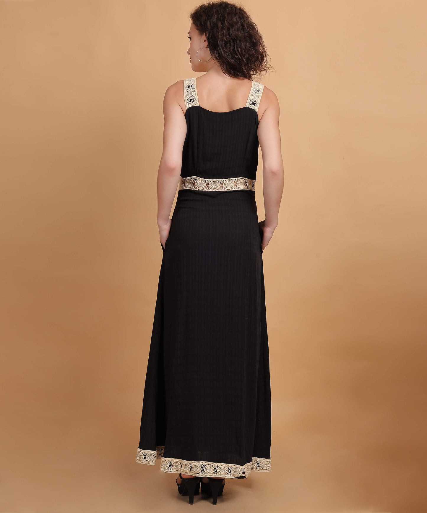 Black Maxi Dress with Crochet Lace Trim and Sleeveless Square Neckline