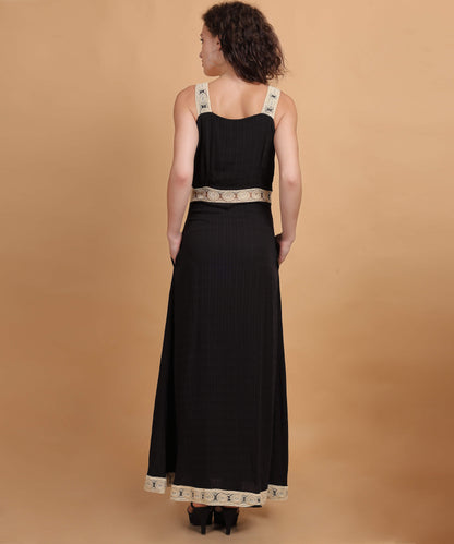 Black Maxi Dress with Crochet Lace Trim and Sleeveless Square Neckline