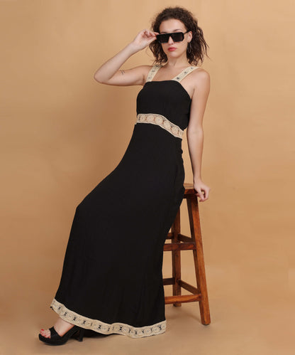 Black Maxi Dress with Crochet Lace Trim and Sleeveless Square Neckline