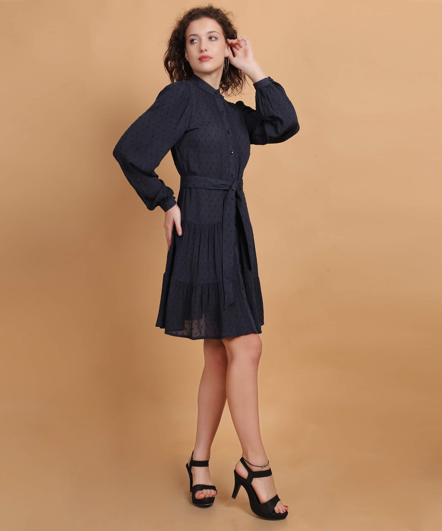 Women’s Rayon Dobby  shirt above the knee dress With Belt