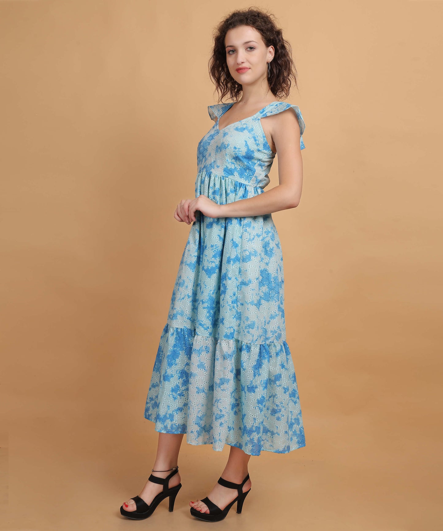 Blue schiffli Tiered Sleeveless Maxi Dress