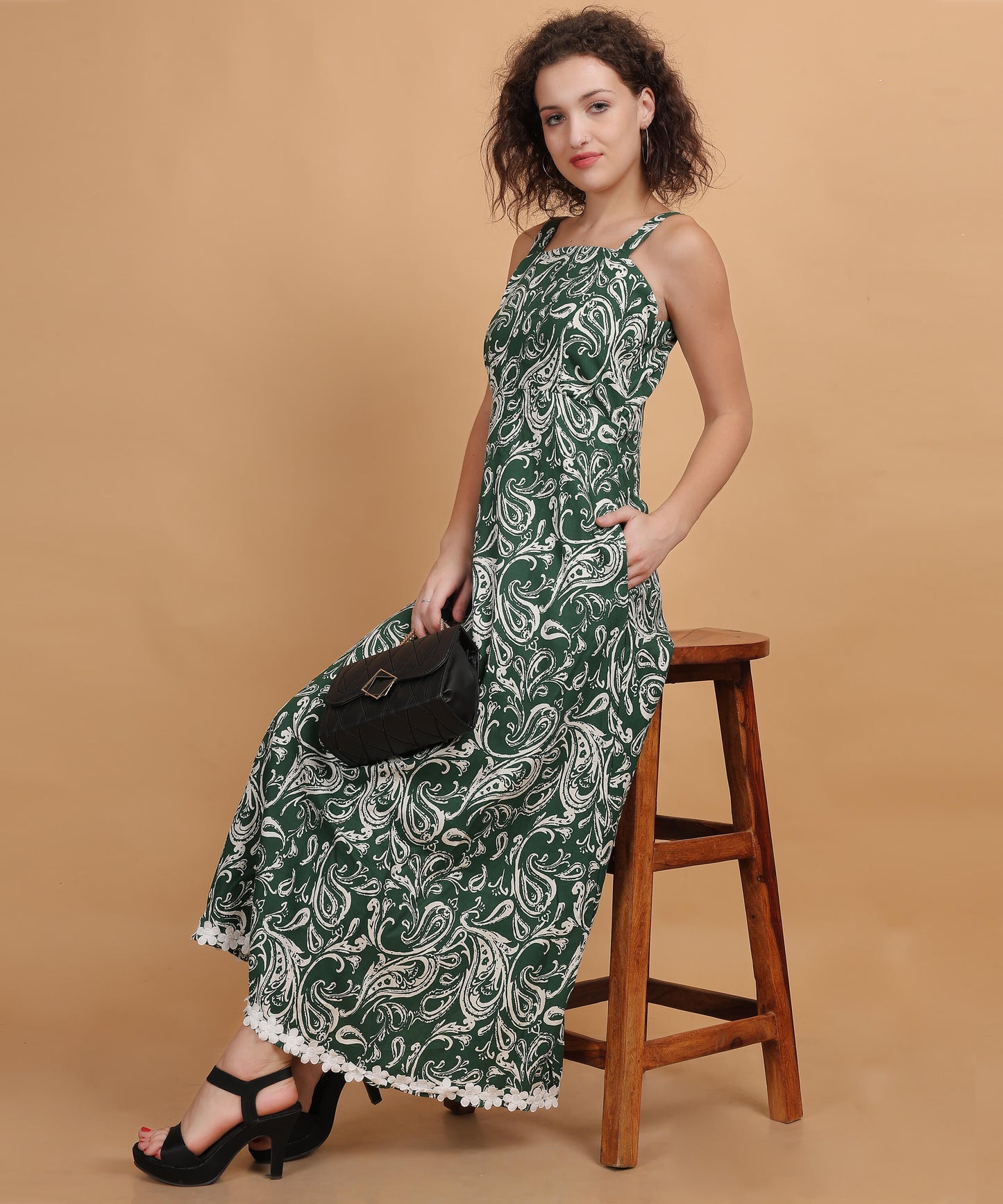 Green Paisley Print Sleeveless Midi Dress with Lace Trim