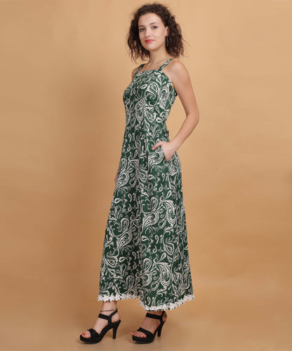 Green Paisley Print Sleeveless Midi Dress with Lace Trim