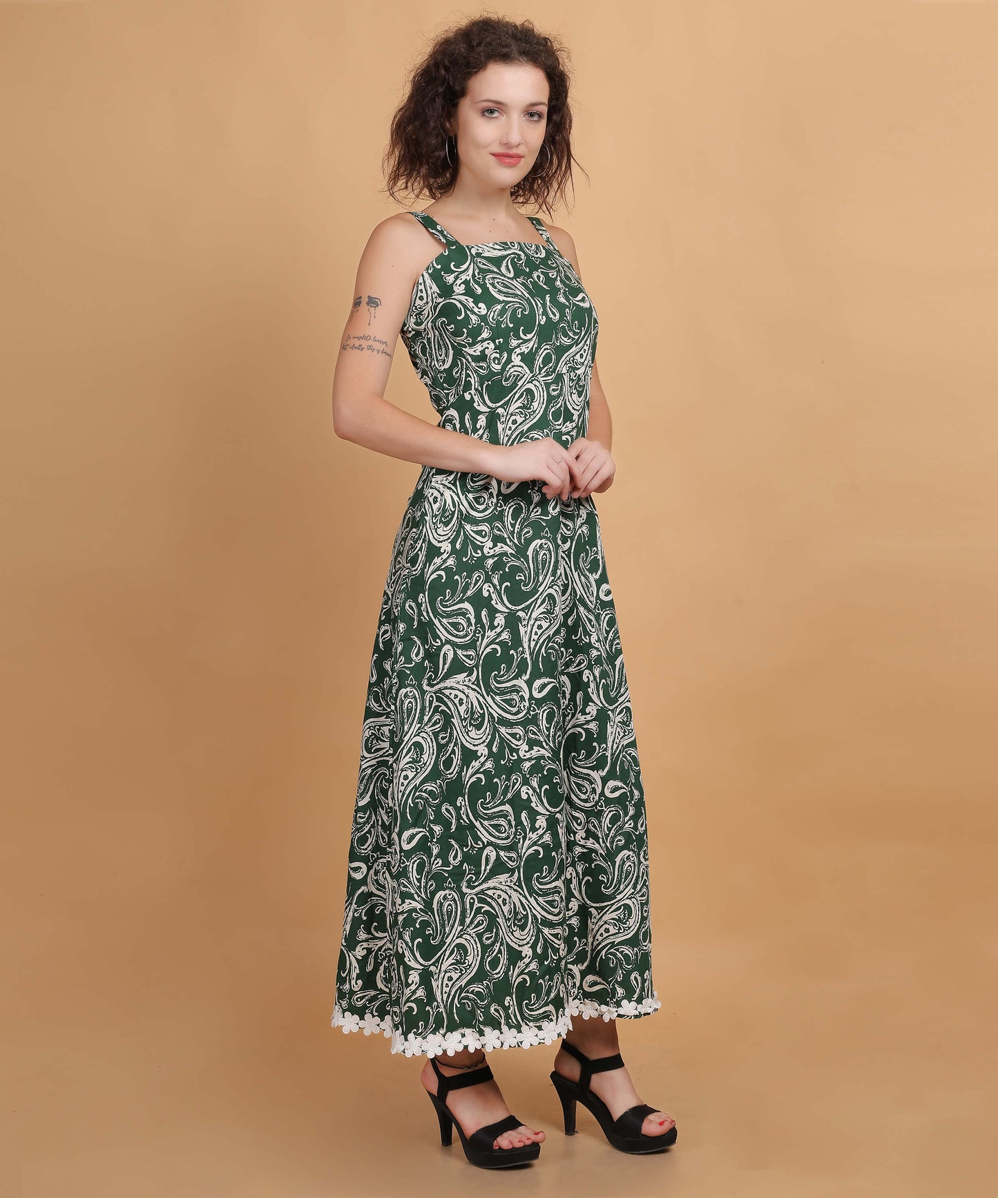 Green Paisley Print Sleeveless Midi Dress with Lace Trim