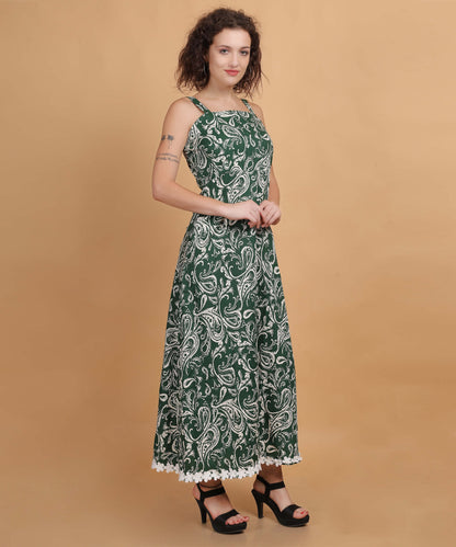 Green Paisley Print Sleeveless Midi Dress with Lace Trim