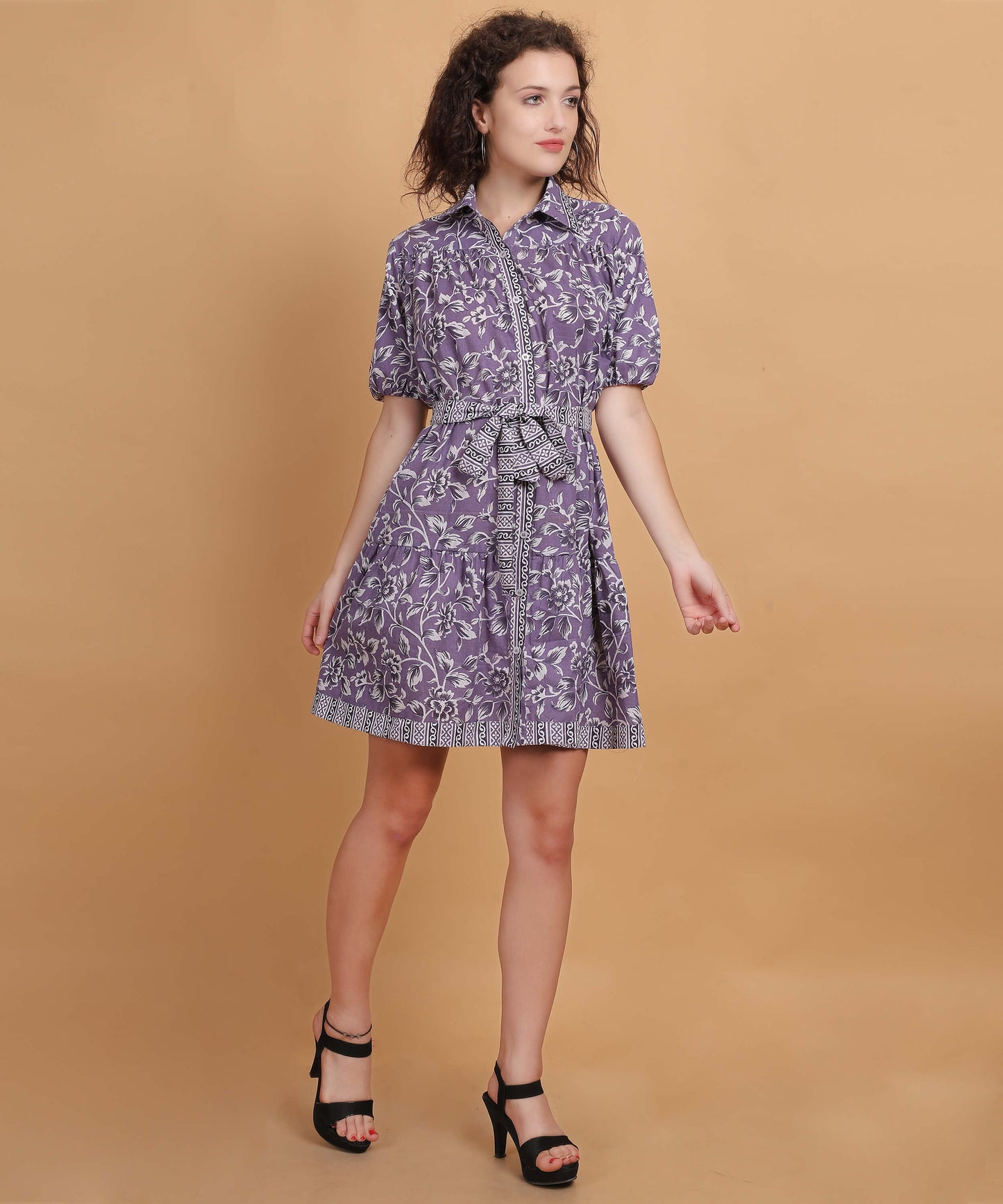 Lavender Floral Shirt Dress with Waist Tie