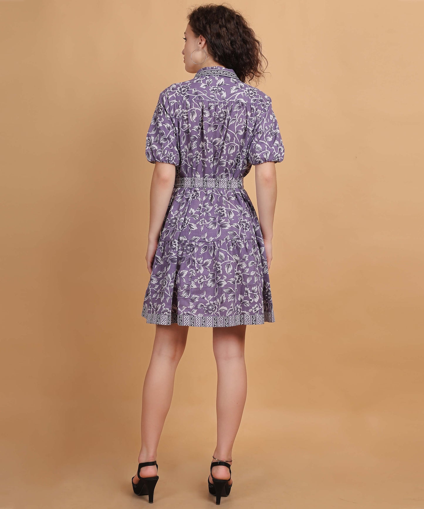 Lavender Floral Shirt Dress with Waist Tie