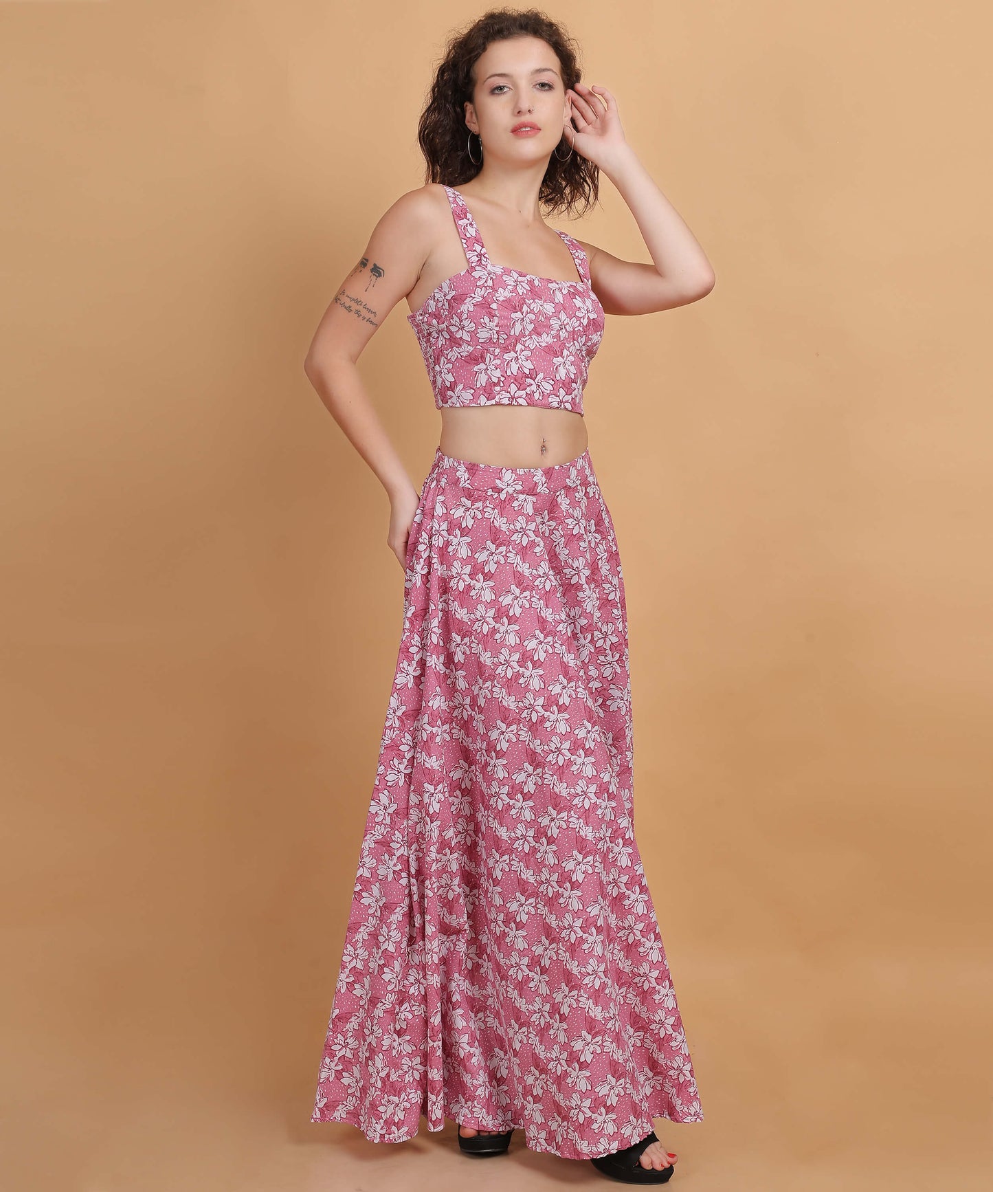 Pink Floral Crop Top with Maxi Skirt Set