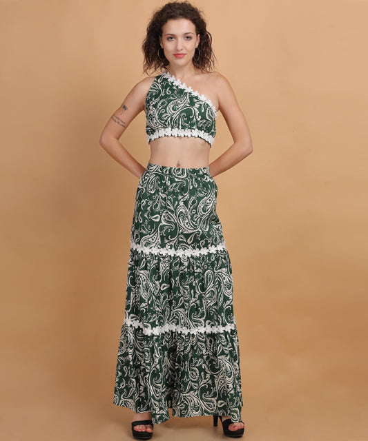 Paisley Green One-Shoulder Co-Ord Set