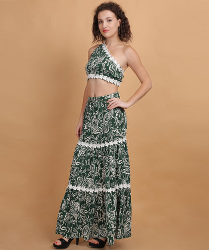Paisley Green One-Shoulder Co-Ord Set