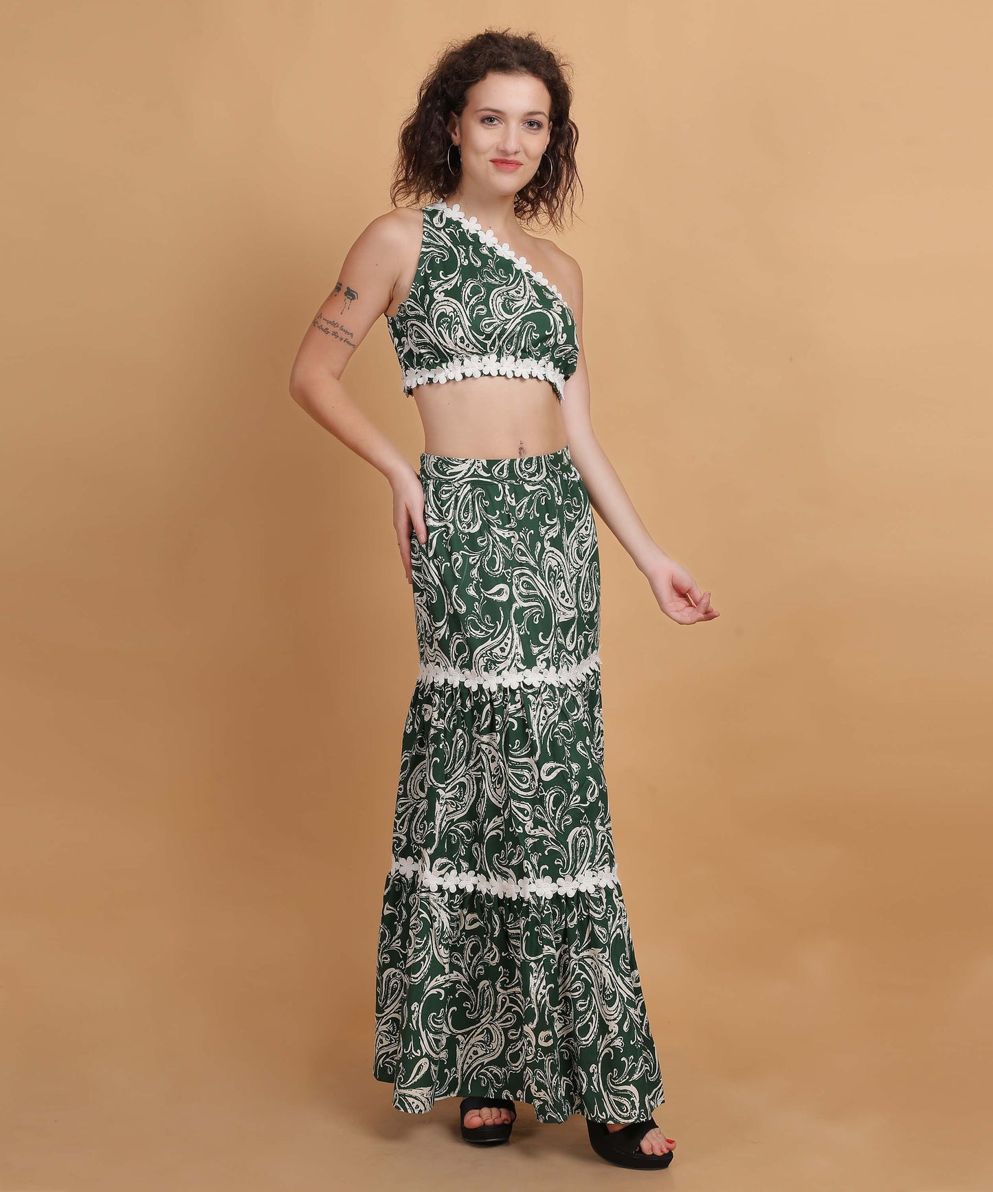 Paisley Green One-Shoulder Co-Ord Set