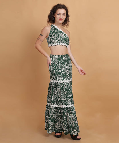 Paisley Green One-Shoulder Co-Ord Set