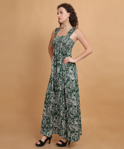 Green and White Floral Printed Maxi Dress