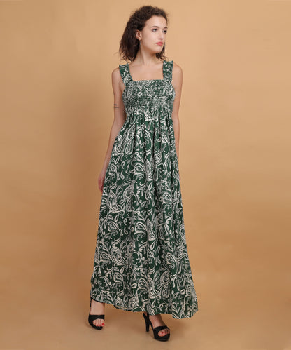 Green and White Floral Printed Maxi Dress