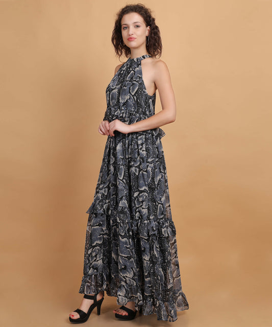 Women's Snake Print Halter Neck Maxi Dress