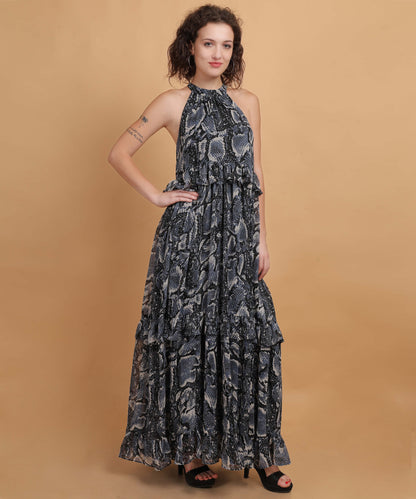 Women's Snake Print Halter Neck Maxi Dress