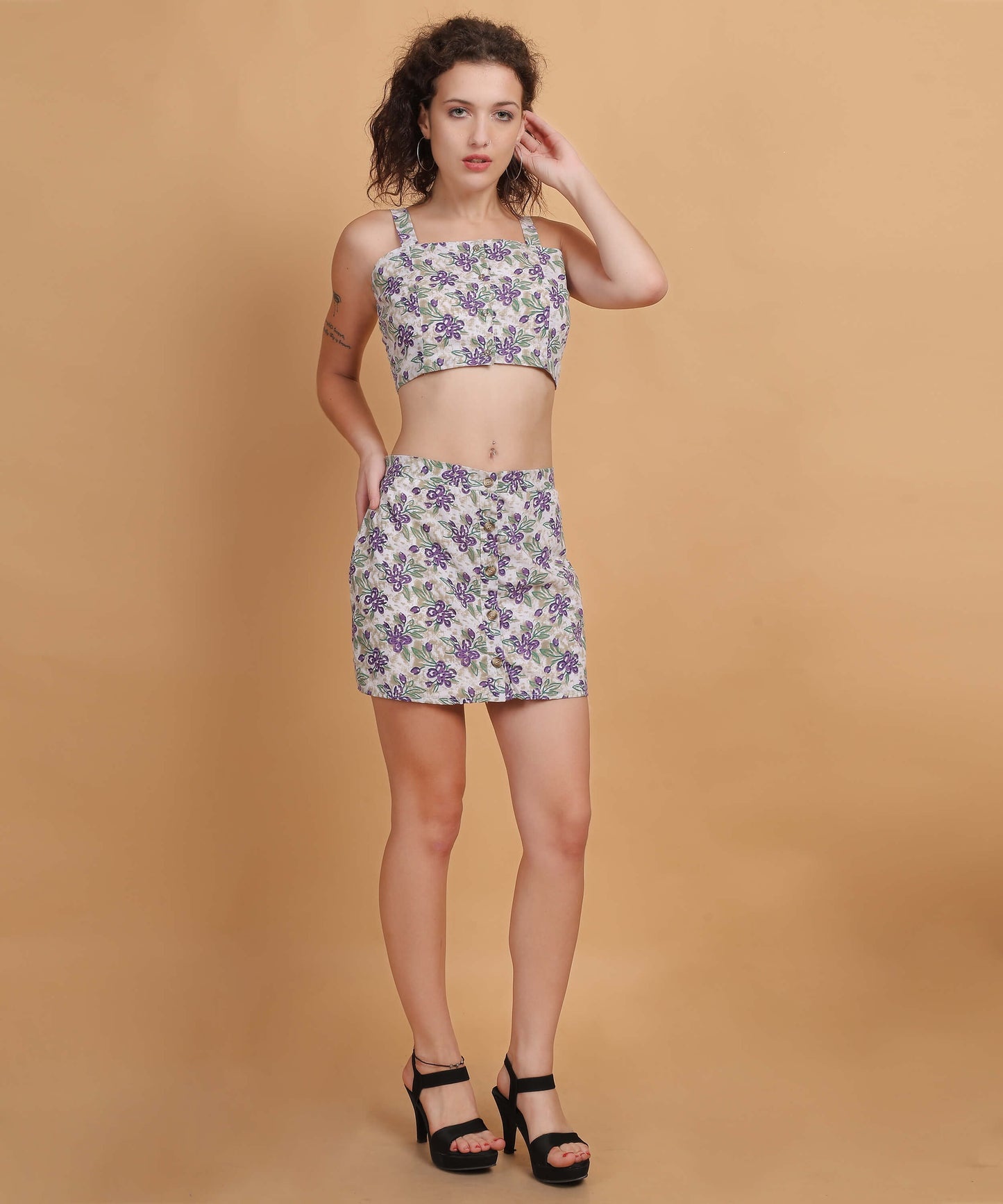Women's Floral Print Crop Top & Skirt Co-ord Set